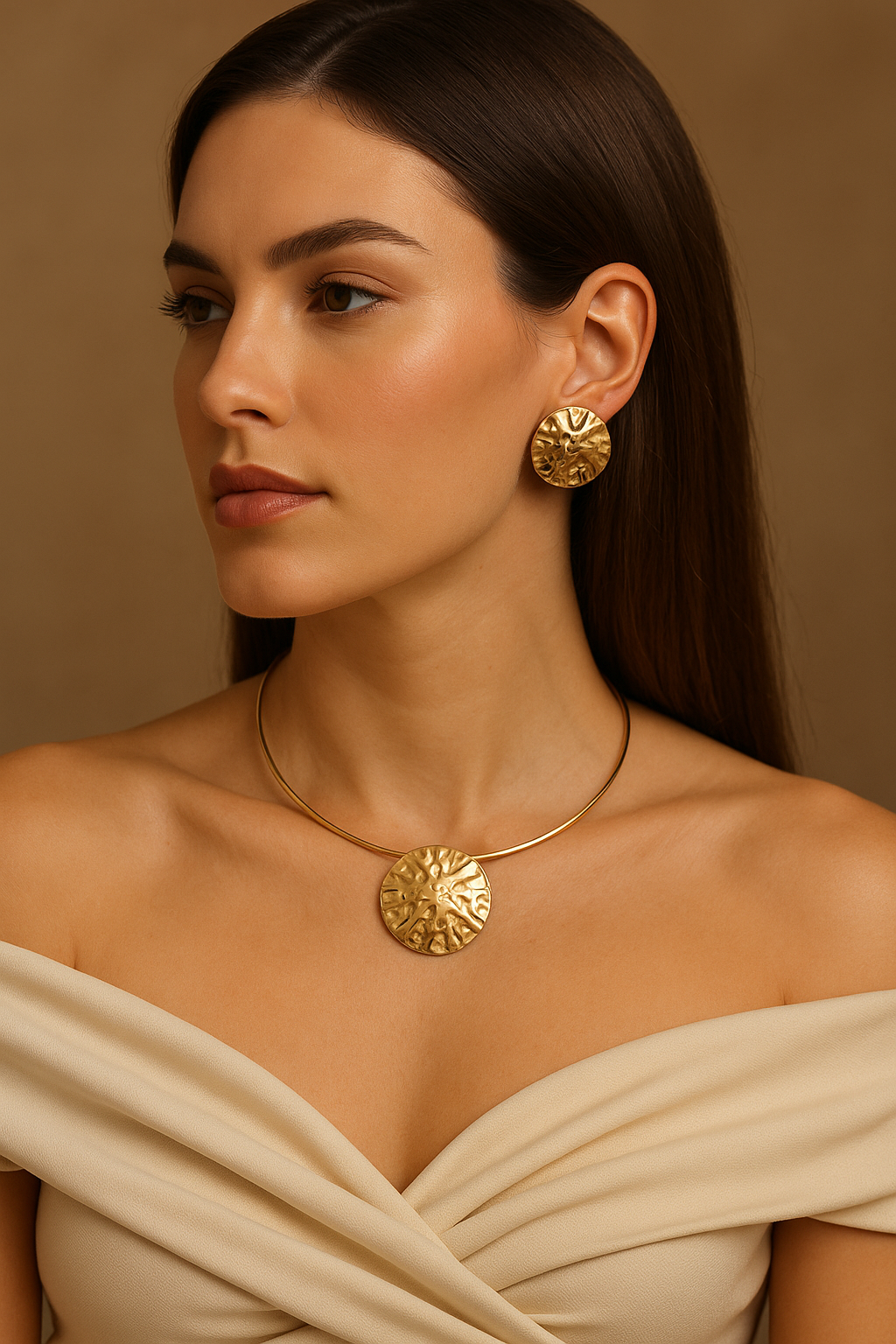 Elysian Sun Disc – Hammered Medallion Necklace + Earrings Set