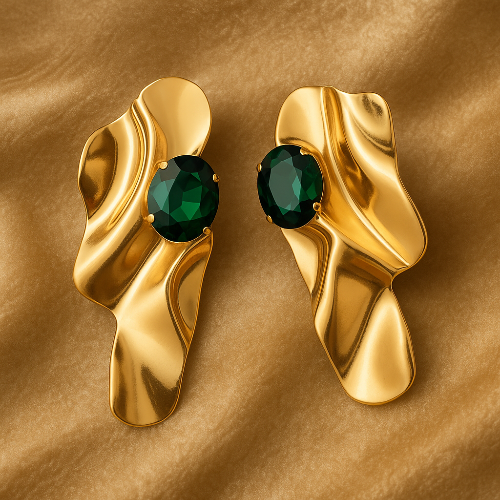 Emerald Empress – Abstract Wave Earrings with Green Stone