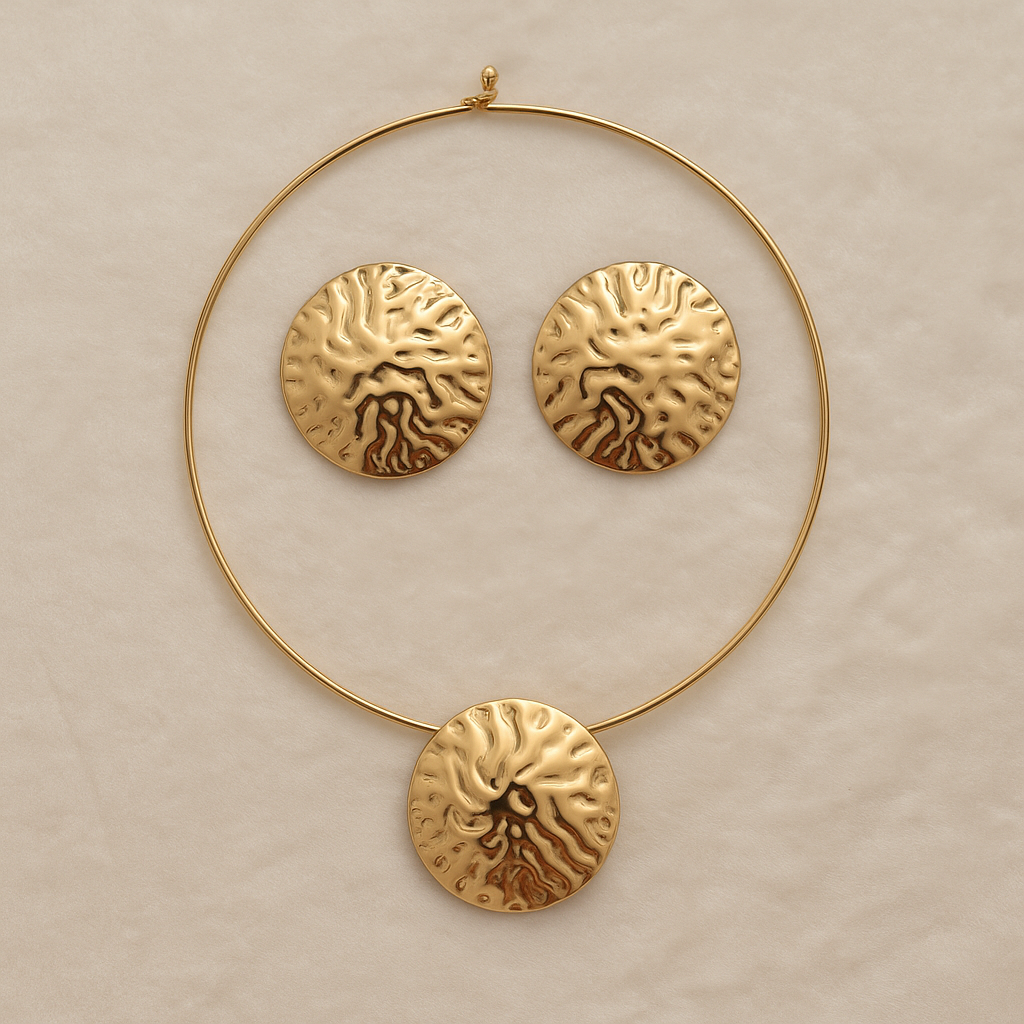 Elysian Sun Disc – Hammered Medallion Necklace + Earrings Set